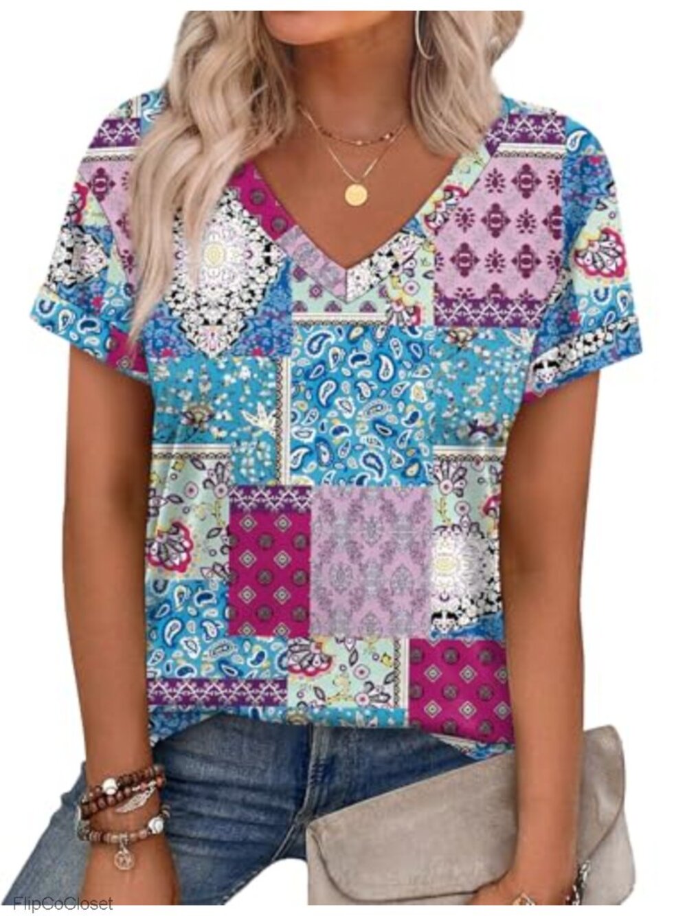 Women's Short Sleeve V-Neck Tee Tunic Top Floral Casual Summer Blouse